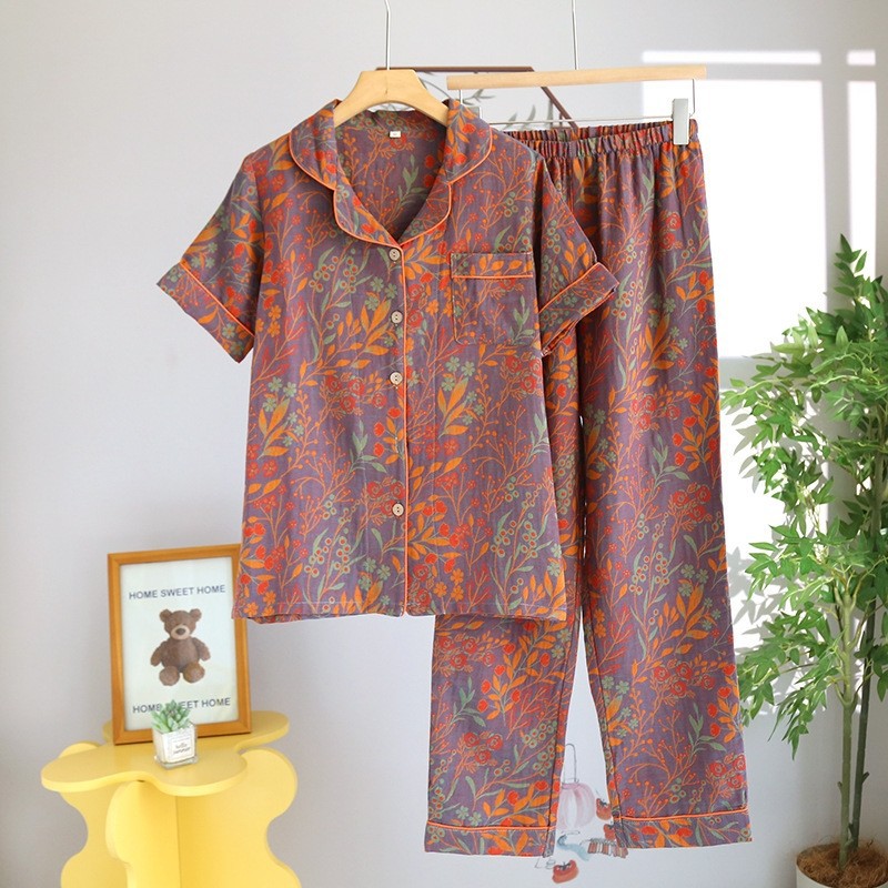 Vintage Blumenmuster Baumwoll-Pyjama-Set